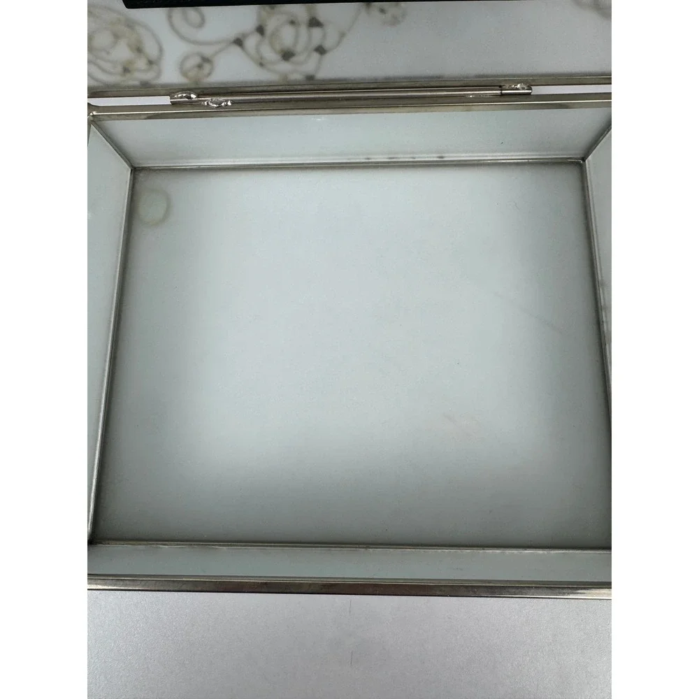 Vtg Frosted Glass Trinket Box Silver Rose Filigree Picture Frame Jewelry